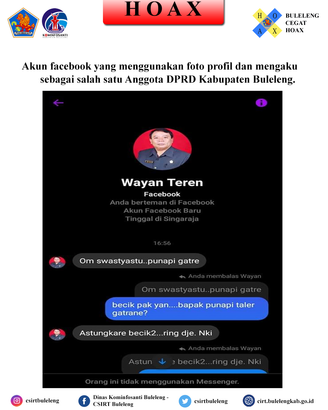 Akun facebook yang menggunakan foto profil dan mengaku sebagai salah satu Anggota DPRD Kabupaten Buleleng.