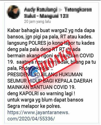 Jokowi: “Hukuman Seumur Hidup Bagi Kepala Daerah Mainkan Bantuan Covid-19”