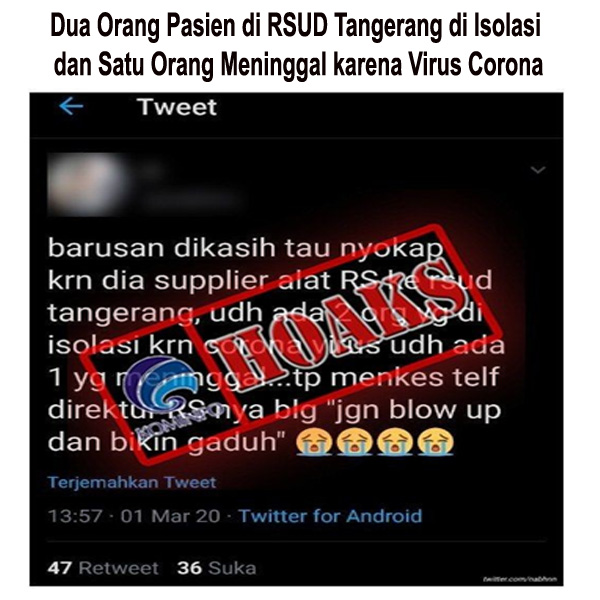 Dua Orang Pasien di RSUD Tangerang di Isolasi dan Satu Orang Meninggal karena Virus Corona