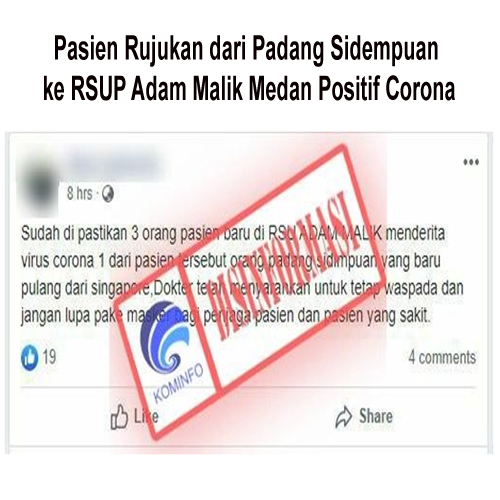 Pasien Rujukan dari Padang Sidempuan ke RSUP Adam Malik Medan Positif Corona