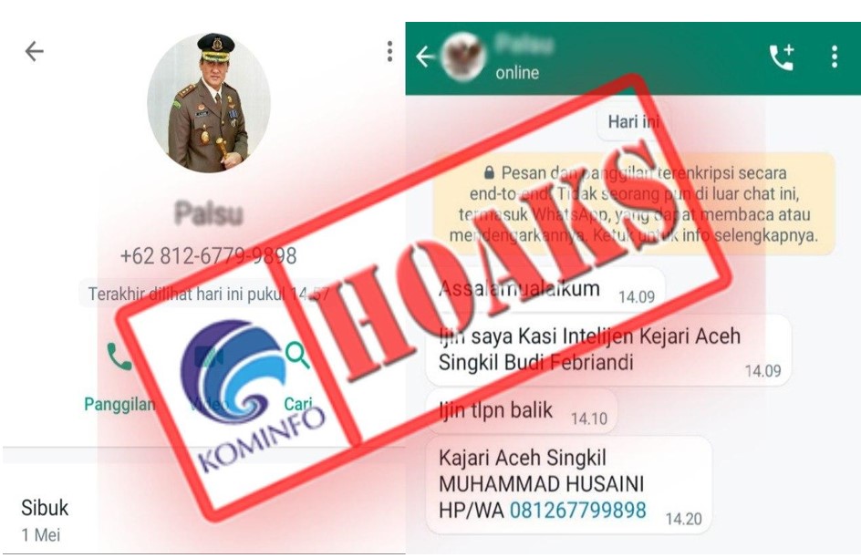 Pesan WhatsApp Mengatasnamakan Kajari Aceh Singkil Muhammad Husaini dan Kasi Intel Kajari Aceh Singkil Budi Febriandi