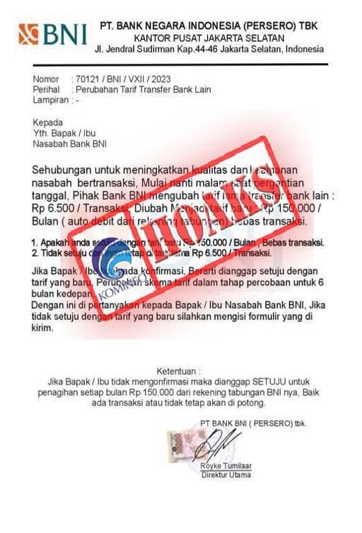 Surat Mengatasnamakan BNI Berisi Perubahan Tarif Transfer Bank Lain