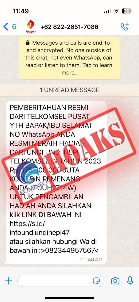 Pesan WhatsApp Hadiah Undi-Undi Hepi Senilai Rp175 Juta Mengatasnamakan Telkomsel