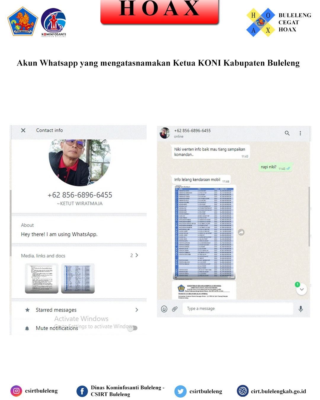 Akun Whatsapp yang mengatasnamakan Ketua KONI Kabupaten Buleleng