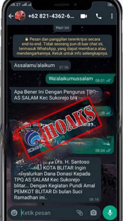 Pesan WhatsApp Mengatasnamakan Wali Kota Blitar Drs. H. Santoso, M.Pd