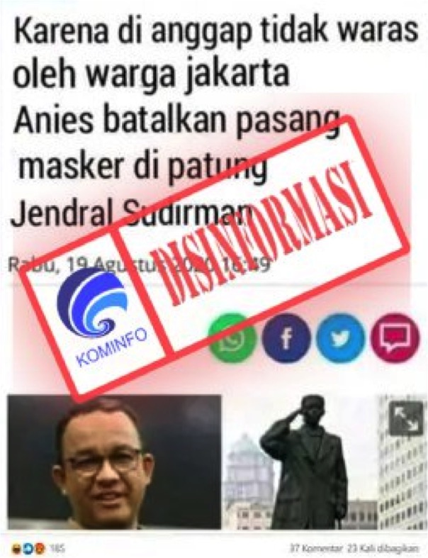 Anies Batalkan Pemasangan Masker di Patung Jendral Sudirman karena Dianggap Tidak Waras oleh Warga