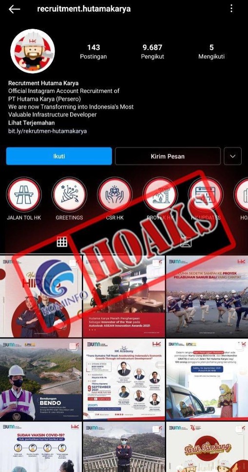 Akun Instagram Mengatasnamakan PT Hutama Karya (Persero)