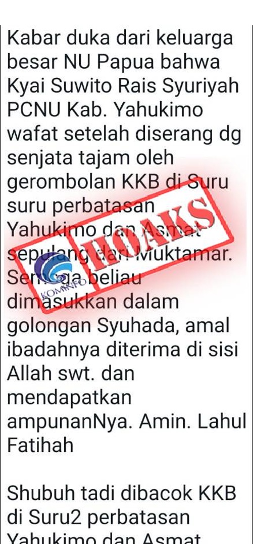 Kiai Nahdlatul Ulama (NU) Kiai Suwito Rais Syuriah PCNU Kabupaten Yahukimo Diserang Gerombolan KKB