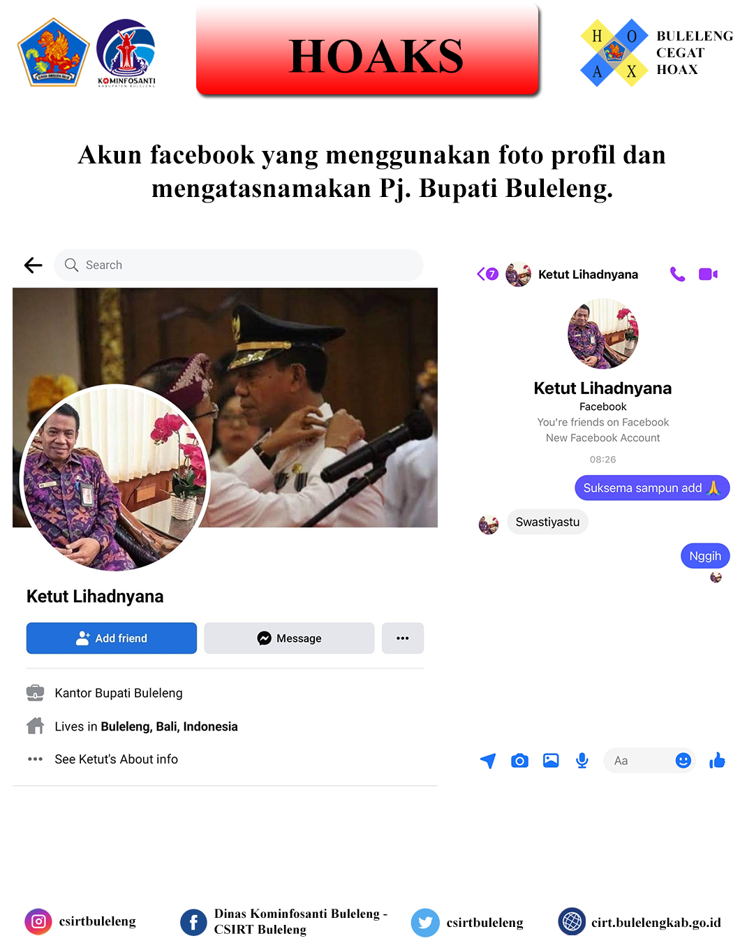 Akun facebook yang menggunakan foto profil dan mengatasnamakan Pj. Bupati Buleleng.