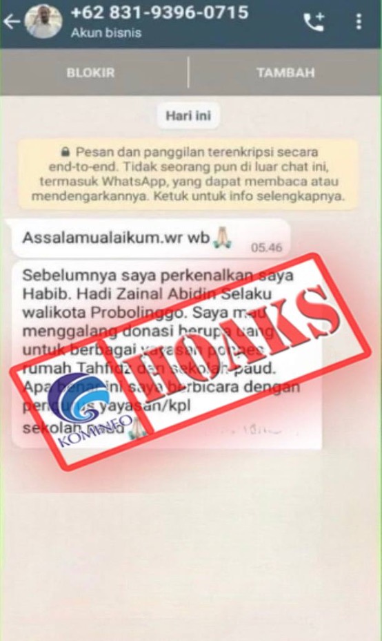 Akun WhatsApp Mengatasnamakan Wali Kota Probolinggo Hadi Zainal Abidin