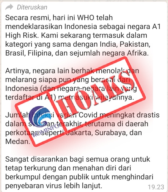 WHO mendeklarasikan Indonesia Negara A1 High Risk Covid-19