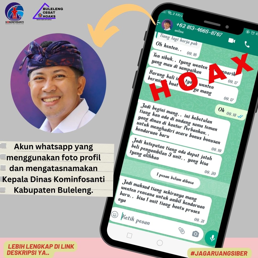 Akun whatsapp yang menggunakan foto profil dan mengatasnamakan Kepala Dinas Kominfosanti Kabupaten Buleleng.