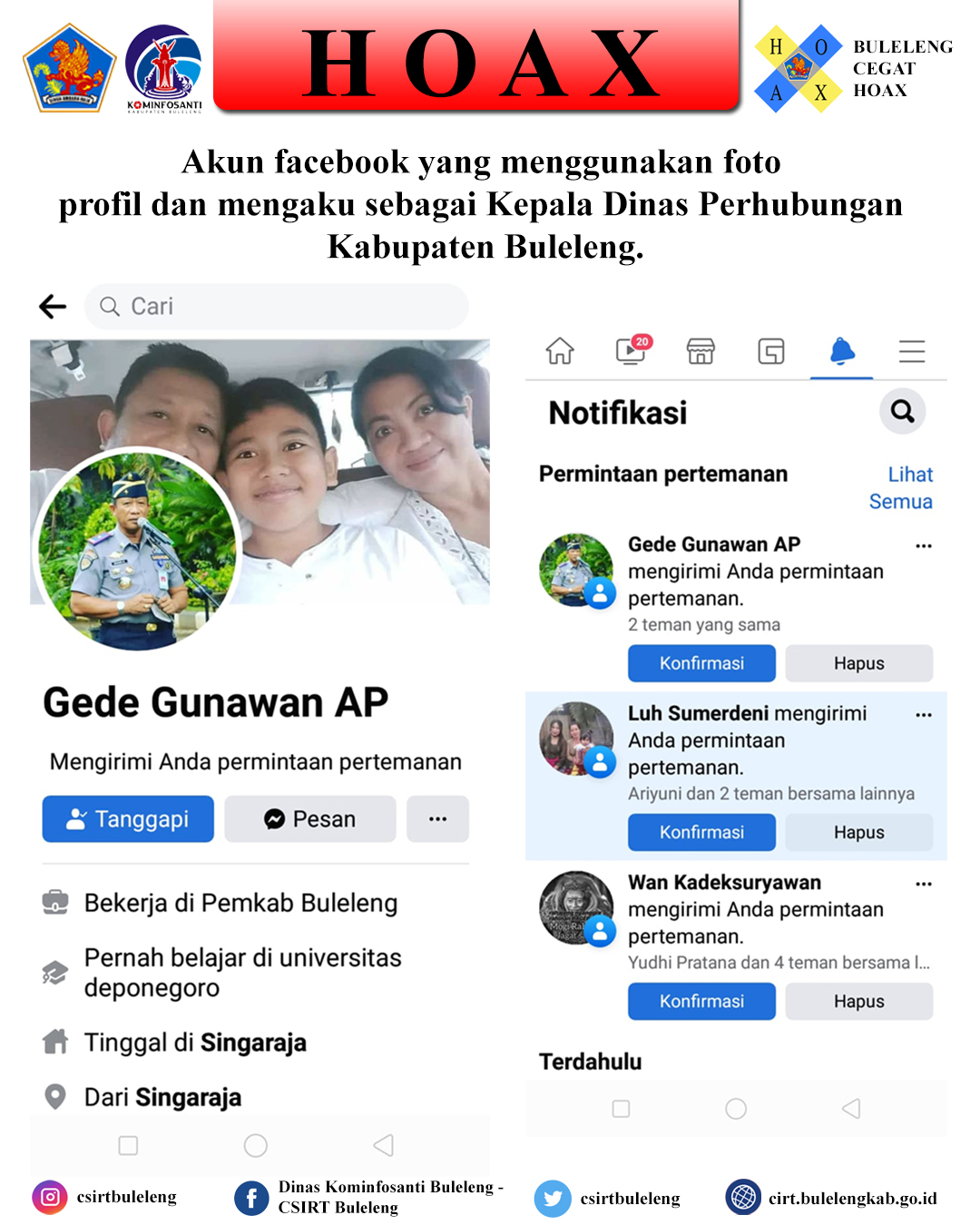 Akun facebook yang menggunakan foto profil dan mengaku sebagai Kepala Dinas Perhubungan Kabupaten Buleleng.