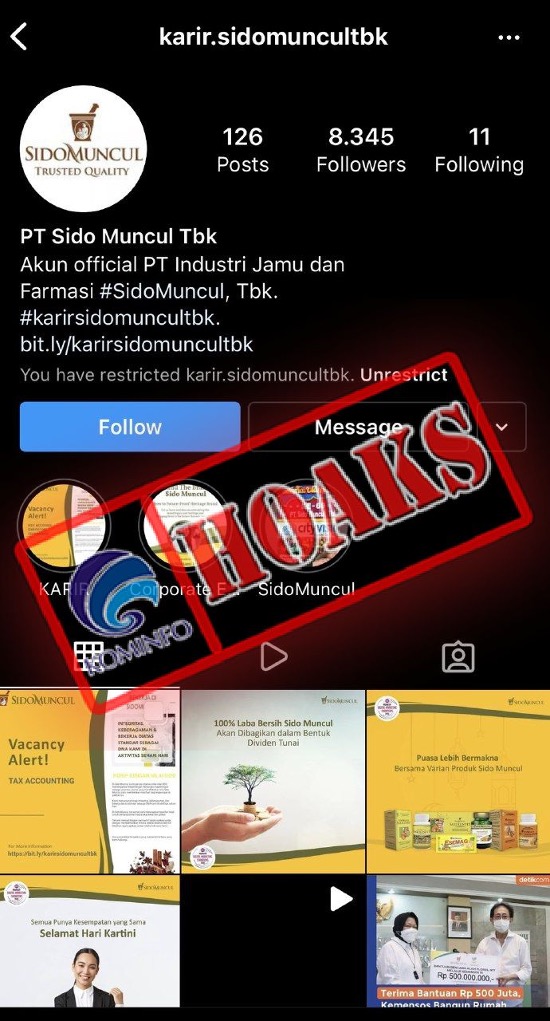 Akun Instagram Mengatasnamakan PT Sido Muncul Tbk dan Membuka Lowongan Pekerjaan