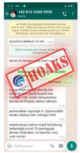 Pesan WhatsApp Mengatasnamakan Wakil Bupati Indragiri Hilir