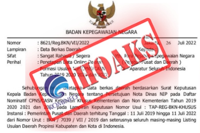 Surat Penetapan Data Online Daerah Formasi Usulan NIP CPNS/CASN Tahun 2019, 2020, 2021, dan 2022