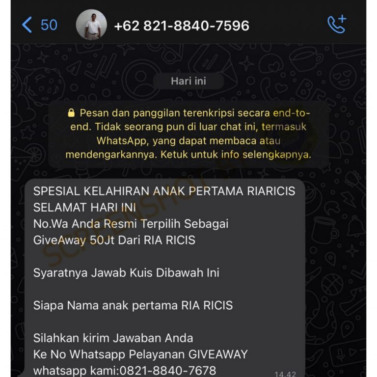 Pesan WhatsApp Giveaway Ria Ricis 50 Juta