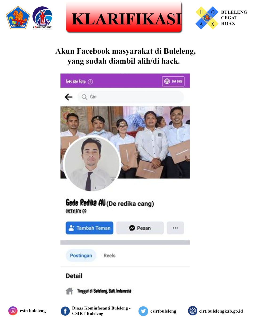 Akun Facebook masyarakat di Buleleng, yang sudah diambil alih/di hack.