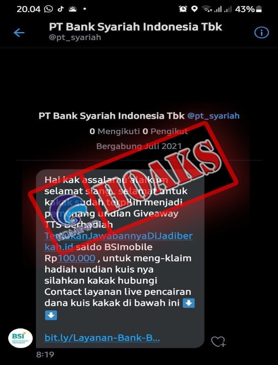 Pemenang Undian Giveaway TTS Berhadiah Mengatasnamakan BSI