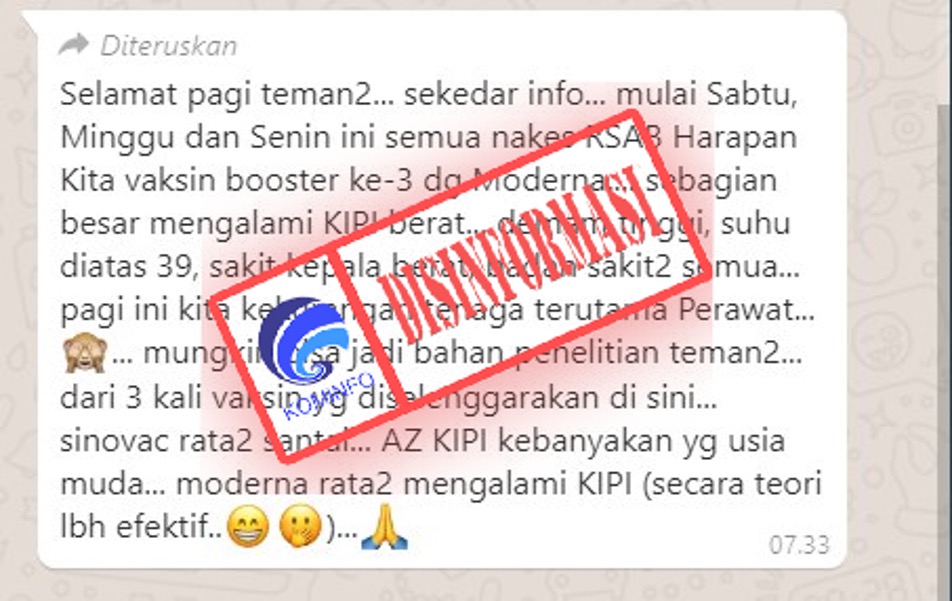 Tenaga Kesehatan RSAB Harapan Kita Alami KIPI Berat Pasca Vaksin Booster Moderna