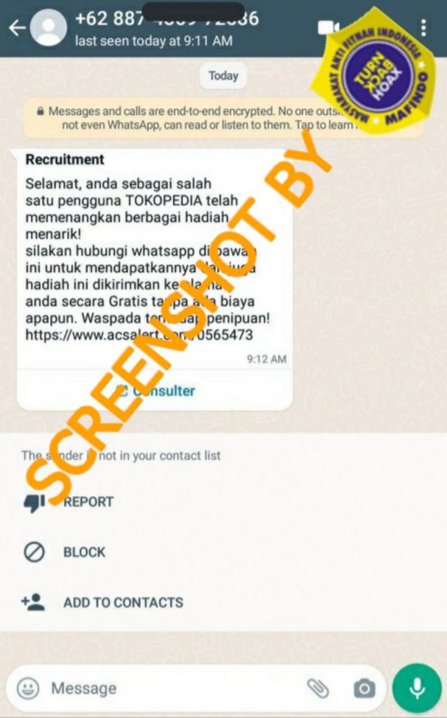 Akun WhatsApp Tokopedia Membagikan Hadiah