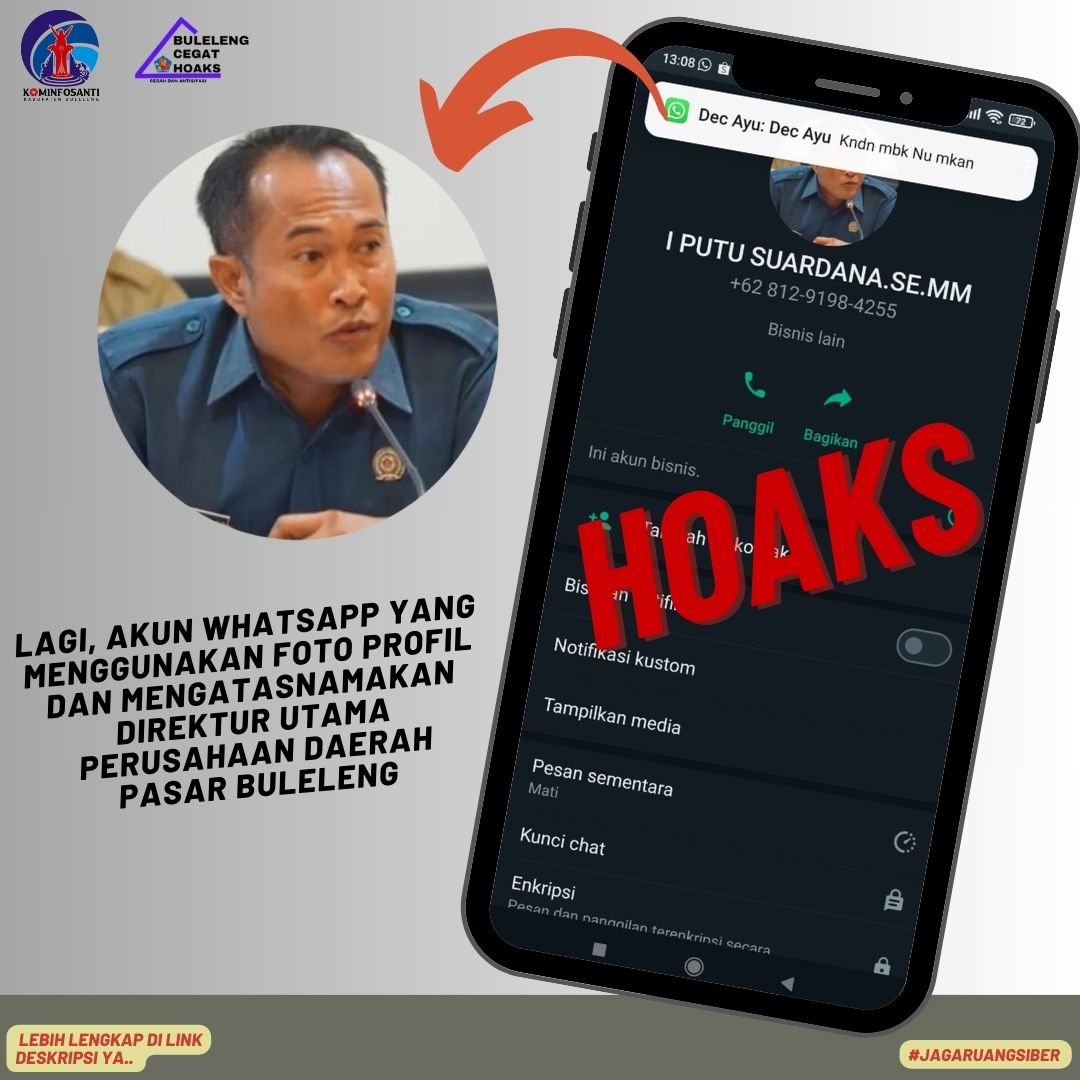 Lagi, Akun Whatsapp yang menggunakan foto profil dan mengatasnamakan Direktur Utama Perusahaan Daerah Pasar Buleleng.