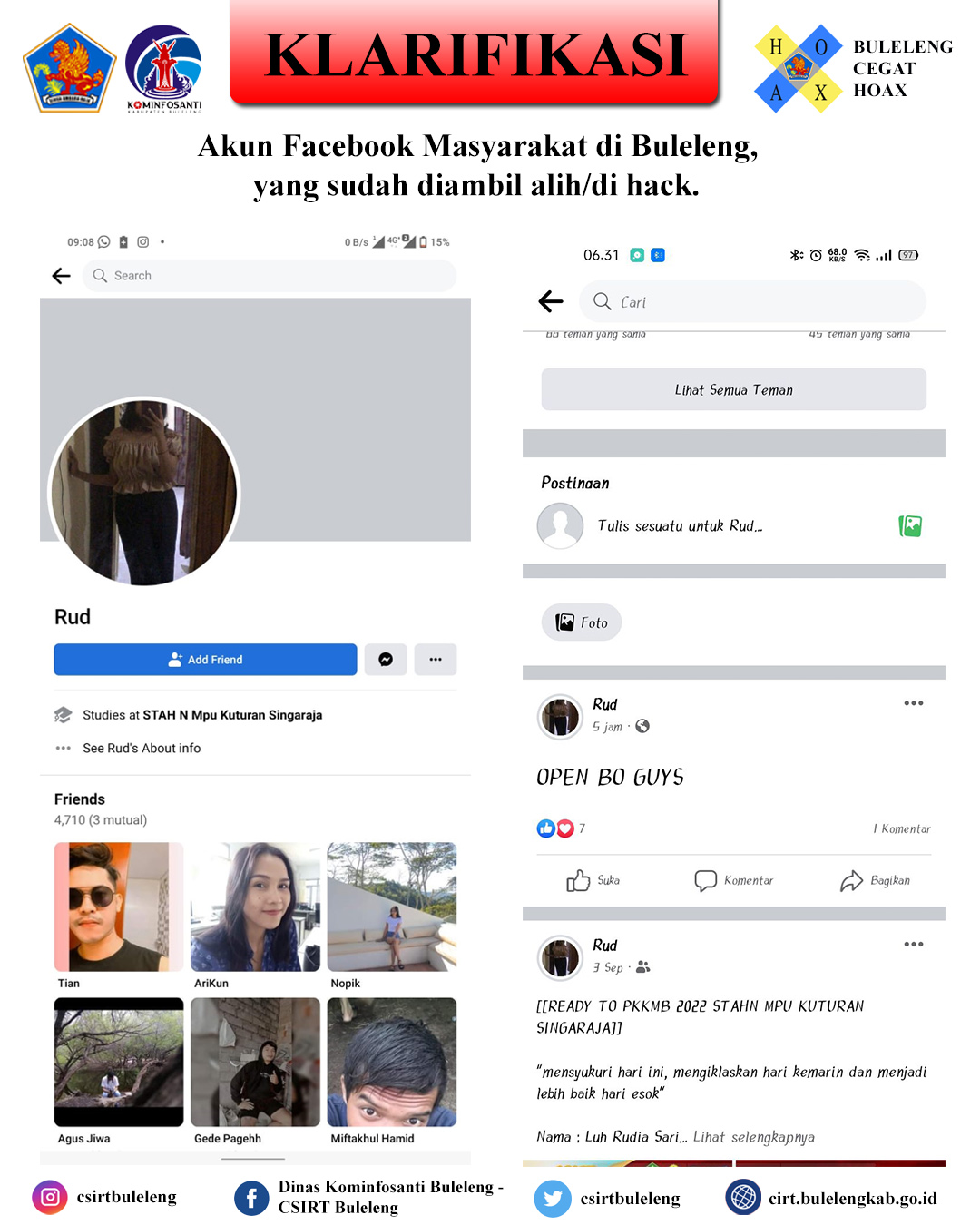 Akun Facebook Masyarakat di Buleleng, yang sudah diambil alih/di hack.